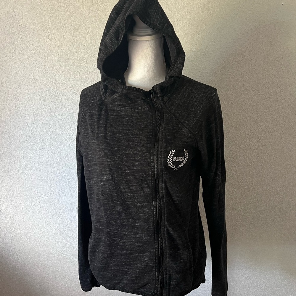 PINK Victoria's Secret Dark Gray & White Zip Up Hoodie